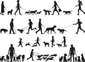 Men, women and children walk or run with the dog people vector silhouette collection - 546580999