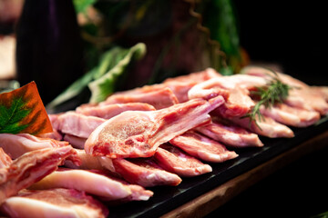 raw meat on the bench in the store