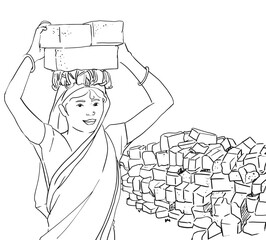 
Smiling Indian Women carrying a house bricks on her head. She is working on a construction site. happy with work and supporting indian economy.	