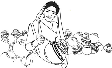 Traditional Indian rural women making pottery, painting and drawing desing over pot. indian working women, pottery women	