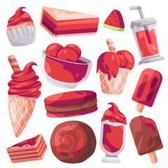 Red watermelon sweets cake ice cream and beverages cartoon illustration set collection