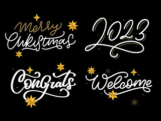 Merry Christmas set 2023 Happy New Year, typography lettering badge emblems quotes set collection. Vector logo design for postcard, invitation, greeting card, poster, gift.