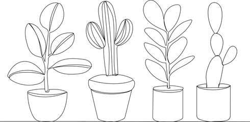 plants in pots continuous line drawing, vector