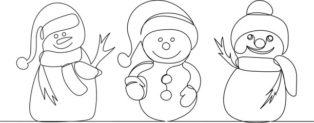 snowman continuous line drawing, vector, sketch