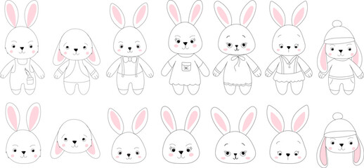 cartoon rabbits doodle sketch ,outline isolated vector
