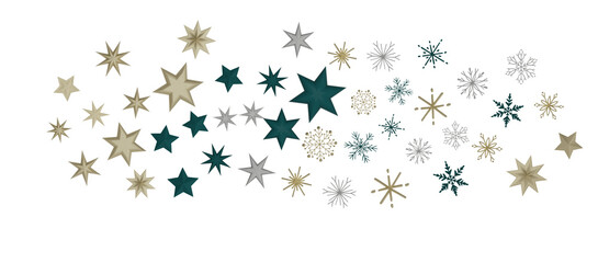 new year pattern. Christmas theme, golden openwork shiny snowflakes, star, 3D rendering.