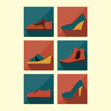 Vector set of shoes.  There are sneakers, high-heels, flats, boots and oxfords.