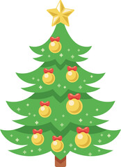 Christmas tree with yellow star and bulbs with bows