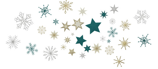 new year pattern. Christmas theme, golden openwork shiny snowflakes, star, 3D rendering.