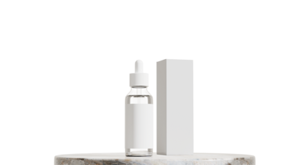 Serum bottle with pipette isolated on transparent background, front view. Close-up  glass container for skin care. Bottle Dropper with packaging box 