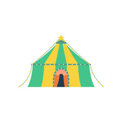 Green and yellow circus tent vector illustration. Circus dome for amusement park, funfair or event isolated on white background. Circus, festival, entertainment concept