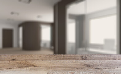 Modern office Cabinet.  3D rendering.   Meeting room. Background with empty wooden table. Flooring.