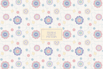 Colorful floral with grid line pastel soft pale color abstract seamless repeat pattern