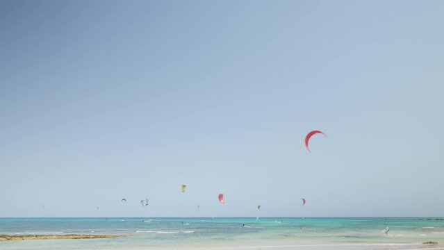Kite surfers at Flag Beach Corralejo Fuerteventura.