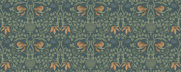 Floral vintage seamless pattern for retro wallpapers. Enchanted Vintage Flowers. Arts and Crafts movement inspired. Design for wrapping paper, wallpaper, fabrics and fashion clothes.