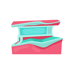 Pink and blue opened tanning bed illustration. Cosmetic procedure in spa salon, horizontal sunbathing machine or bed. Solarium, wellness, recreation, care, relaxation concept
