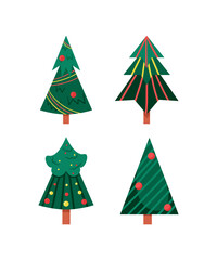 Collection of flat style Christmas trees isolated on a white background.