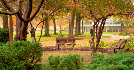 Naklejka premium Outdoor seating on a college campus. Trees overhang the space with green, orange and red fall leaves. Students in coats walk by. More trees and a building in the background.