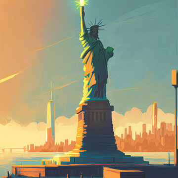 Abstract painting concept. Colorful art of the Statue of Liberty in New York. Landscape. Digital art image.