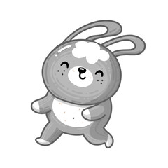 Funny vector cartoon bunny run away. It is a symbol of Easter. Rabbit tries to find eggs