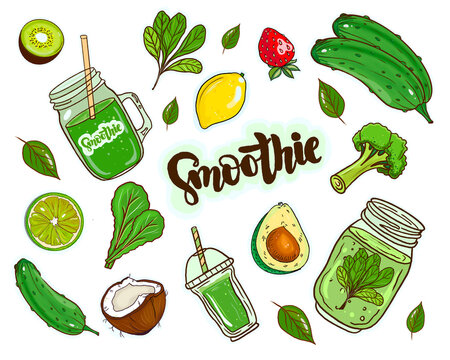 Green Smoothie Sticker Set. Useful Healthy Food Stickers For Printing, Hand Drawing. Ingredients For Smoothie Cucumber, Greens, Citrus, Berries Stickers