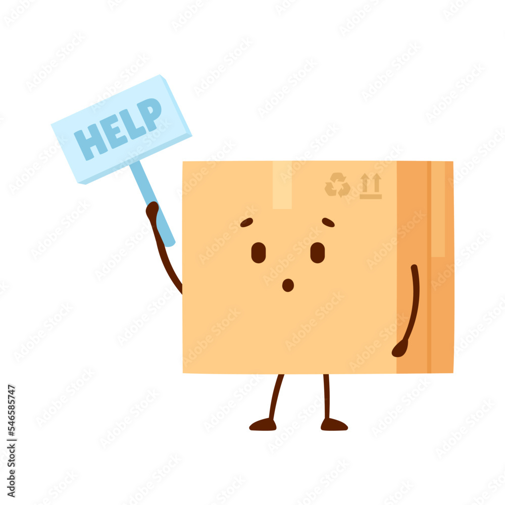 Poster confused comic cardboard box with help sign vector illustration. cute closed package cartoon charact