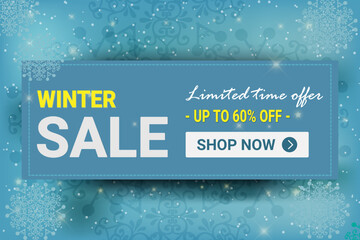 Winter sale vector banner template with white snowflakes background. Vector illustration.
