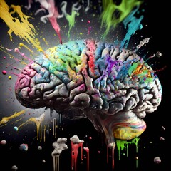 Conceptual illustration showing the human brain of multiple genders, more than two. Identifying as a non-binary, transsexual or LGBTQUARTO person. Rainbow explosion 