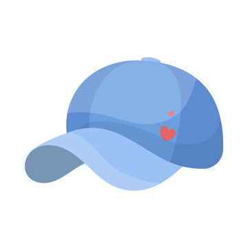 Side view of blue baseball cap with heart vector illustration. Sports hat with visor for children and adults isolated on white background. Headwear, fashion, summer concept