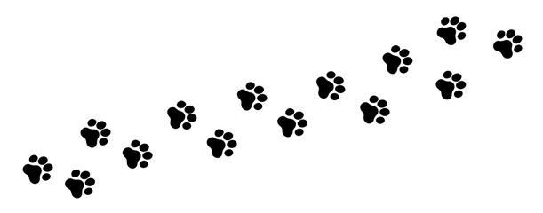 A trail of black footprints (comics silhuoette shapes), a cat walking on a path, going from left to right.
