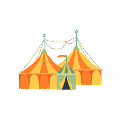 Orange and yellow circus tents vector illustration. Circus domes for amusement park, funfair or event isolated on white background. Circus, festival, entertainment concept