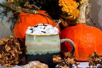 tea coffee with milk foam autumn scenery flowers pumpkins croissants - obrazy, fototapety, plakaty