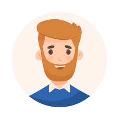 Happy man with red hair and beard avatar cartoon illustration. Face or portrait of cute user of social networks wearing blue in circle on white background. Cyberspace, diverse concept