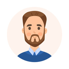 Dark-haired man with beard avatar cartoon illustration. Face or portrait of happy user of social networks in circle on white background. Cyberspace, diverse concept