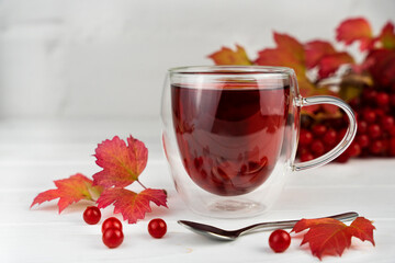 Vitamin tea from berries in the glass cup. Seasonal healthy drink. Close-up. Copy space. Selective focus.