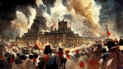 people standing in a revolution crowd, colorful art