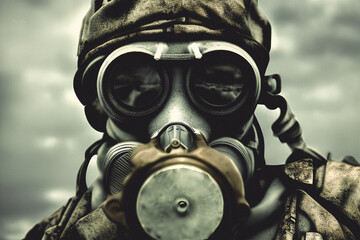 Post-apocalyptic portrait of a man in a gas mask.