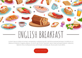 English breakfast landing page template. Traditional breakfast dishes web banner, website cartoon vector