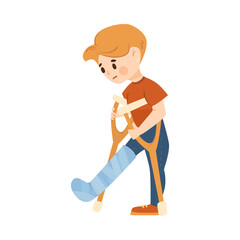 Sad boy on crutches with broken leg cartoon illustration. Kid suffering after breaking leg, leg in cast isolated on white background. Little child feeling unwell. Disease, health concept