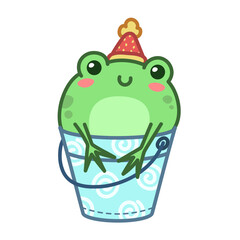Kawaii frog sitting in bucket. Cute cartoon character for designs. Colorful vector illustration isolated.