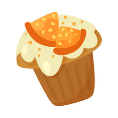 Pumpkin spice flavored cupcake cartoon illustration. Tasty muffin with icing or glaze and fruit topping isolated on white background. Halloween, fall, food concept