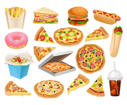 Fast Food with Pizza, Soda, Noodles, Hot Dog, Hamburger, Donut, Sandwich and French Fries Big Vector Set