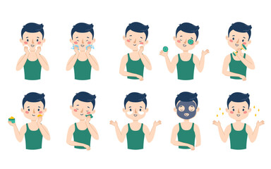 A man takes care of his facial skin step by step. Big vector set. Isolated on white background