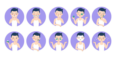 A man takes care of his facial skin step by step. Big vector set. Illustration in a circle isolated on white background