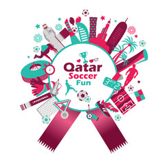 Football sports competition, Qatar tourist icon set. Doha background in color national flag. National day. Middle eastern football. Frame layout.