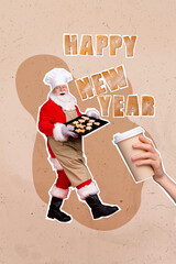 Vertical creative collage image of funny funky santa claus carry apron cooking coockies tray hand...