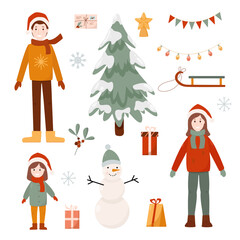 A set of illustrations depicting Christmas characters: dad, mom, girl and snowman and Christmas tree. Design for greeting cards, posters, wrapping paper, apparel, website