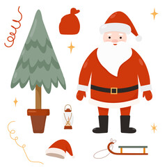 Cute vector illustrations with santa claus, christmas tree, sleigh, gift bag, lantern. Winter holidays design elements isolated on white background. Design for New Year and Christmas cards, banners