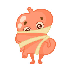 Tight-laced stomach character cartoon illustration. Healthy human organ with cute face bandaged isolated on white background. Nutrition, digestive system concept