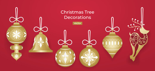 Set of Christmas Tree Gold Decorations Illustration Vector